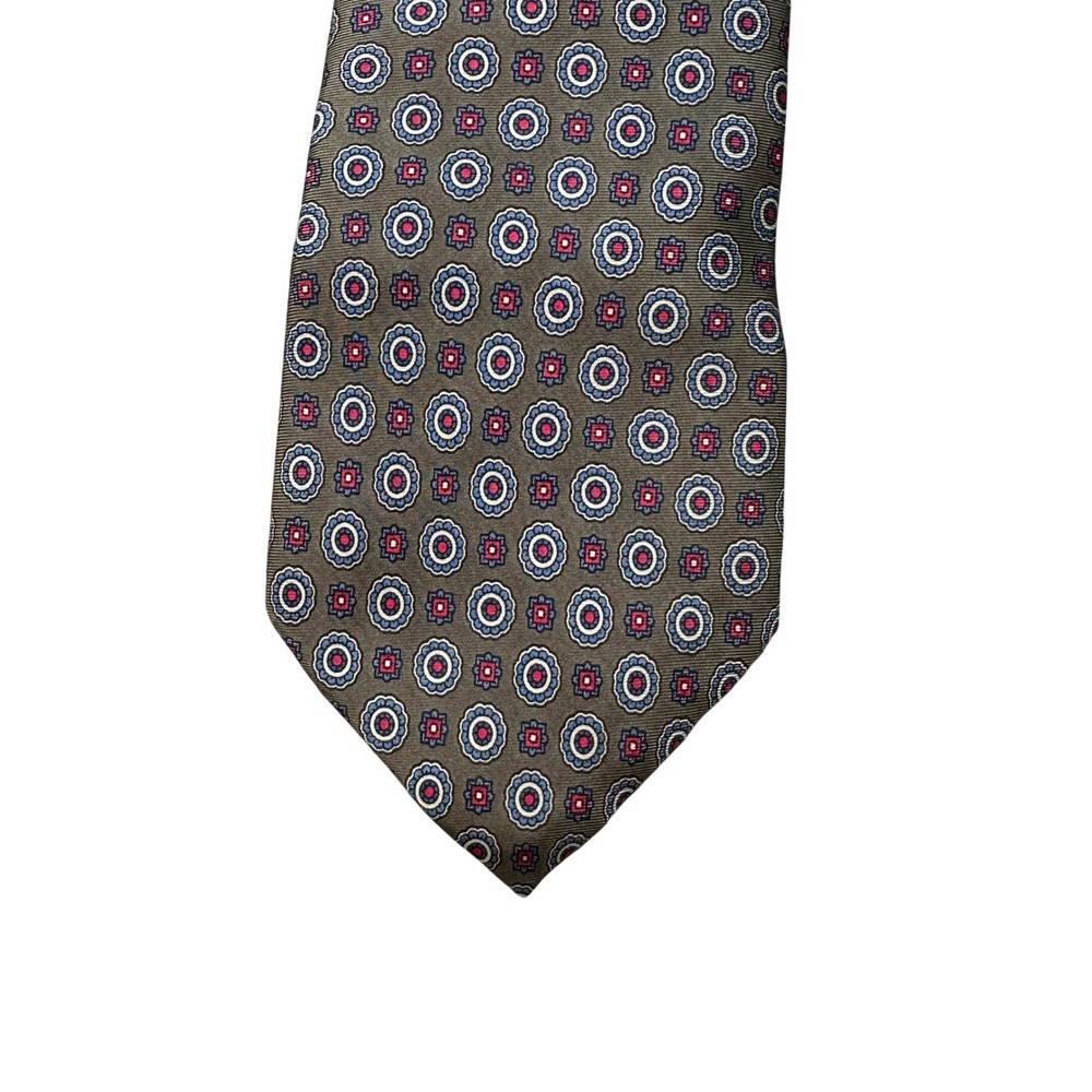 Adams Row Mens Silk Tie Medallion Geometric Brown Blue Red Made in USA RN 74086